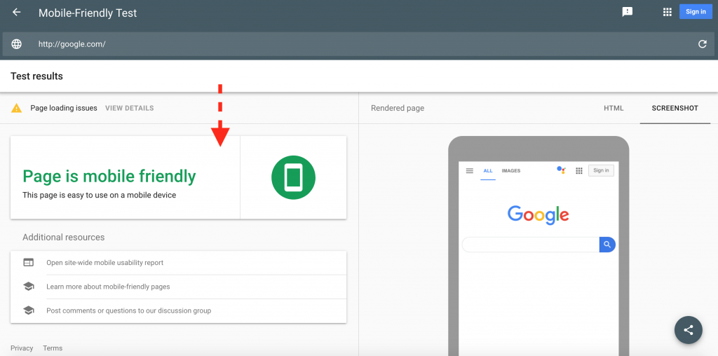 Google Mobile Friendly Test Tool